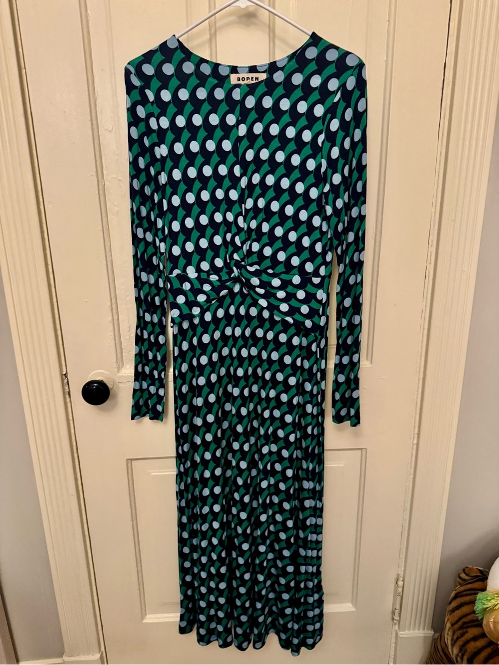 Boden Green & Navy Geometric Twist-Waist Midi Dress US 6R Never Worn
